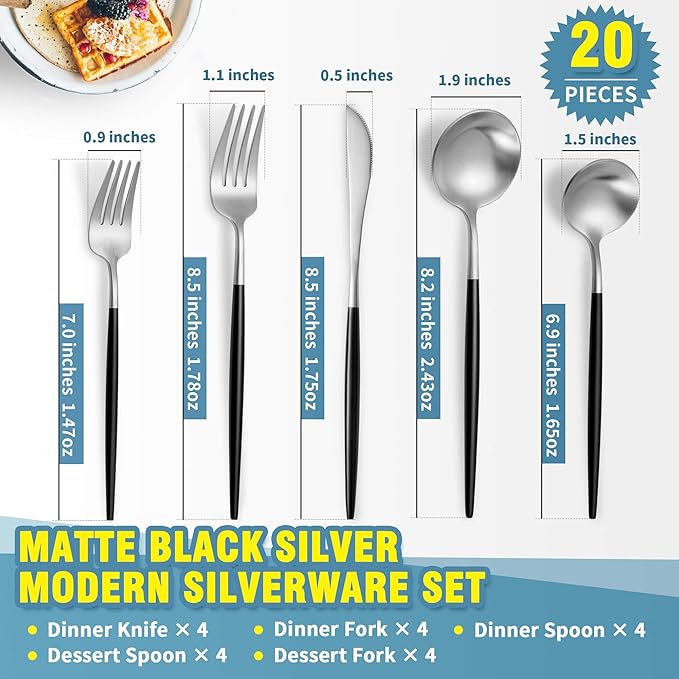 Matte Black Silver Silverware Set for 4,Modern Stainless Steel Brushed Cutlery Set,20-Pieces Heavy Duty Flatware Set,Knives Spoons and Forks Set Utensils Set, Satin Finish, Dishwasher Safe