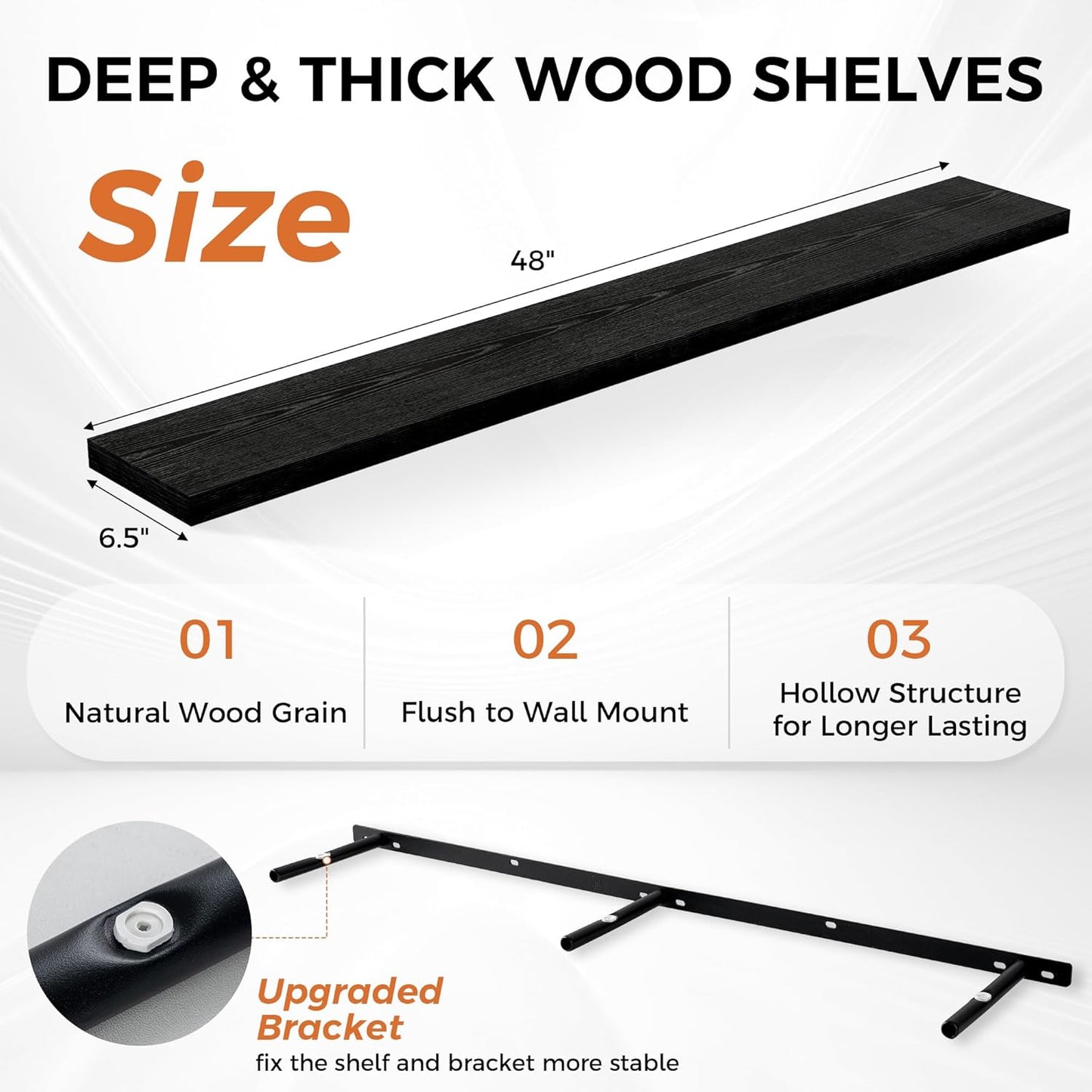 Floating Shelves for Wall, 48 Inch Floating Shelves for Home Decor, Wall Mounted Rustic Wood Shelves, Bathroom, Hanging Deep Shelf for Bedroom, Living Room, Kitchen (Black, Set of 2)