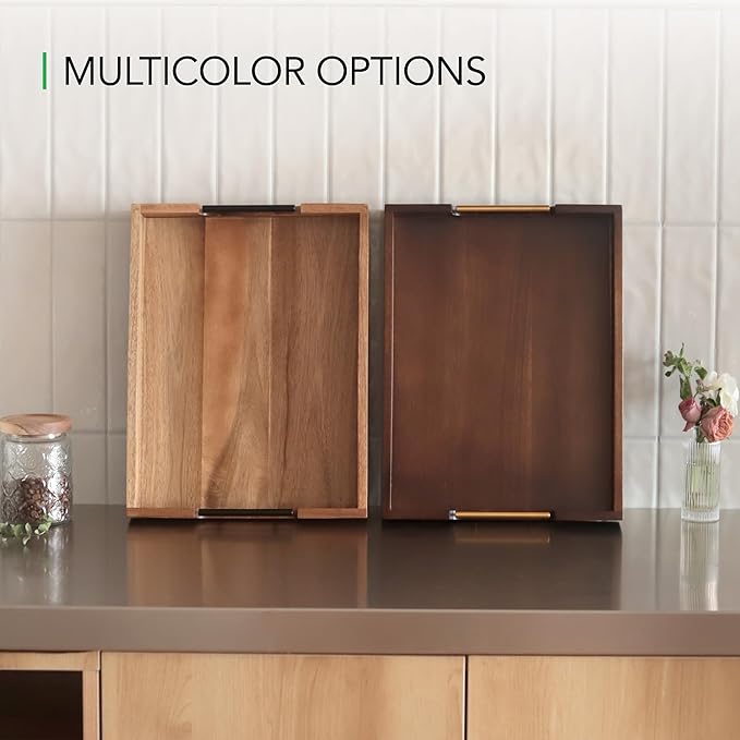 Joy&Grace Ottoman Tray for Living Room 16.7 x 12.8 inch Large Acacia Wooden Serving Tray with Handles for Coffee Table, Breakfast in Bed, Food Dinner, Decorative Rectangular Tray (Color Natural)