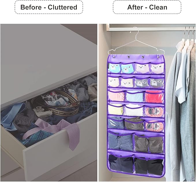Dual Sided Hanging Organizer for Jewelry Makeup Storage Closet Organizers for Bows Socks Underwear with 42 Clear Pockets (PURPLE)