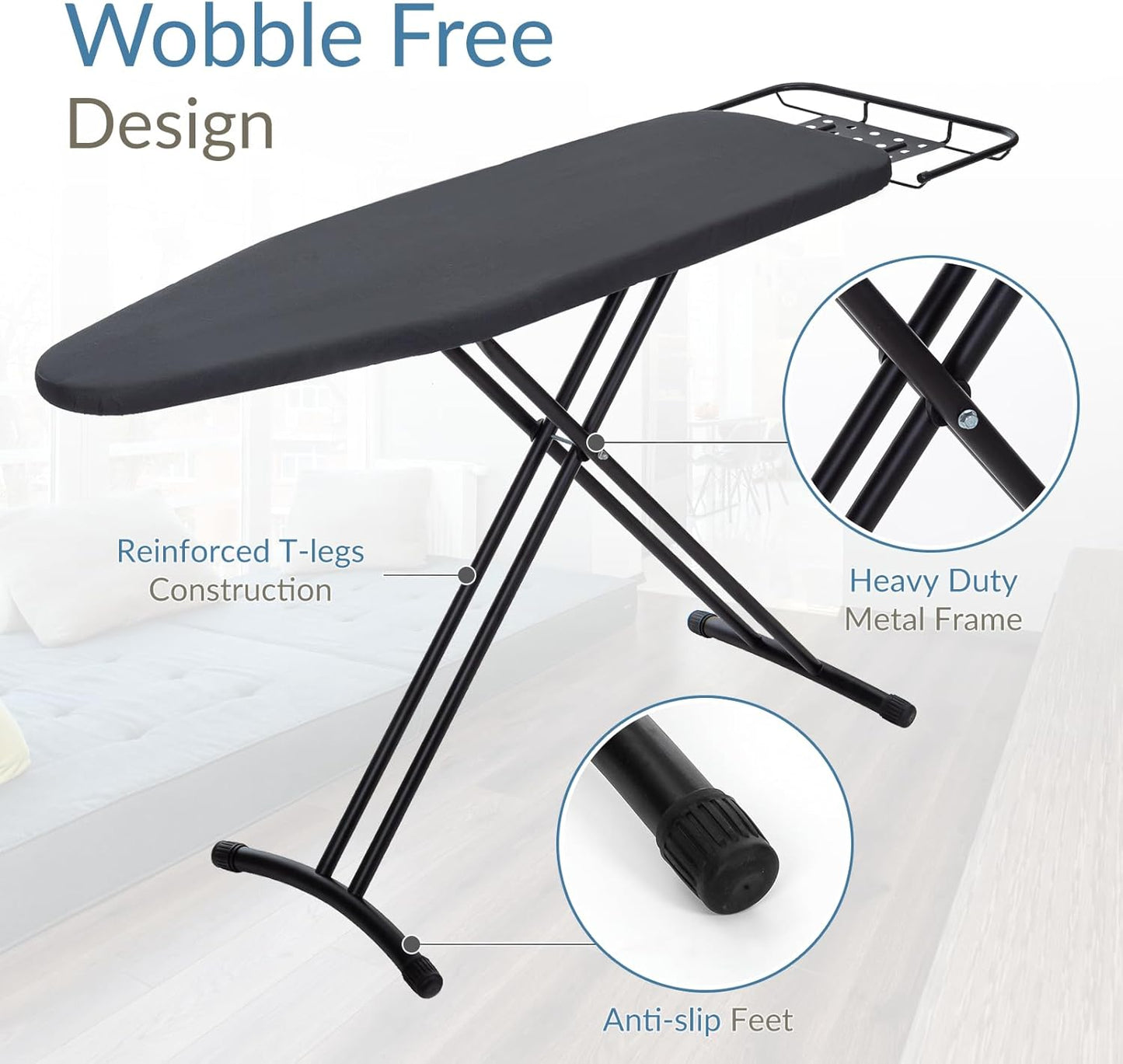 Ironing Board 48" x 15" with Retractable Iron Rest, RAINHOL Heavy Duty Full Size Iron Board, Sturdy Wide Frame with Thick Padding Cover, Height-Adjustable, Black