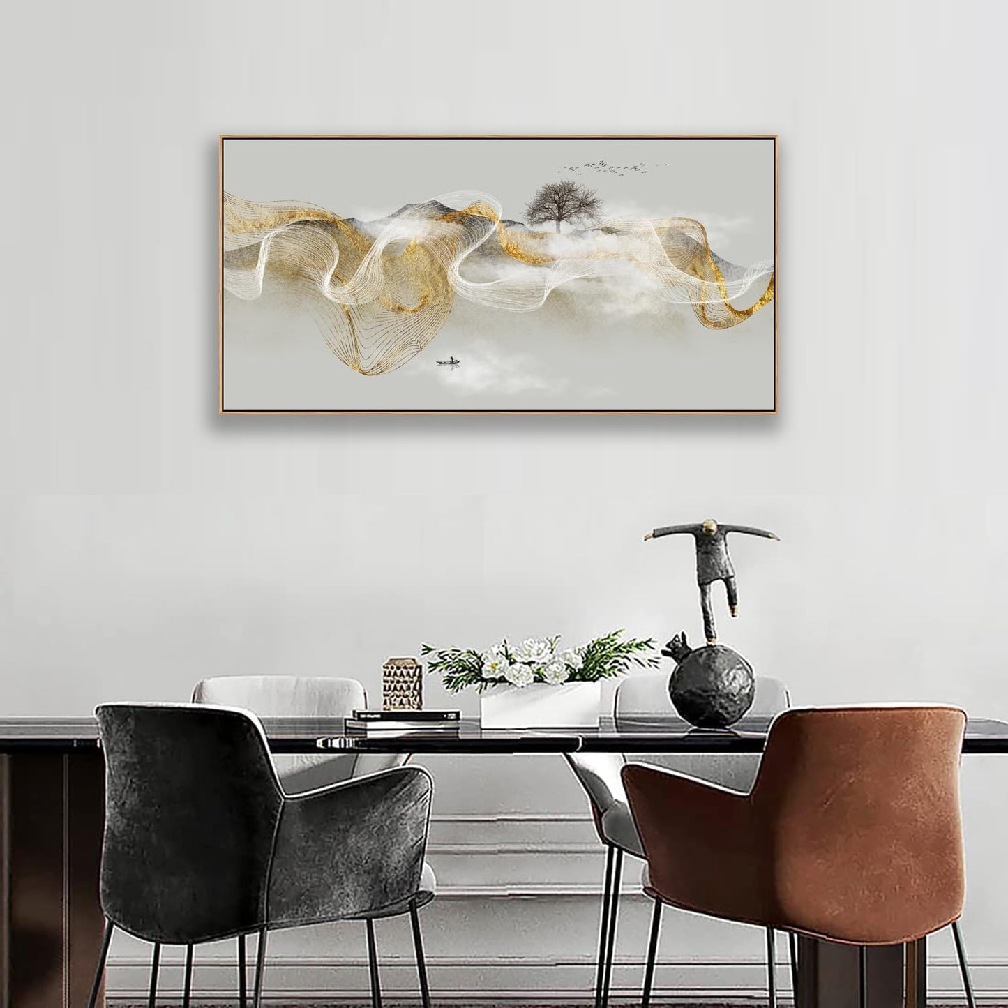 HUADAOART Wall Art Modern Zen Light Luxury Natural Landscape with Golden and White lines Background Wall Decor Canvas Prints for Living Room Bedroom 20x40 Inches (Framed)