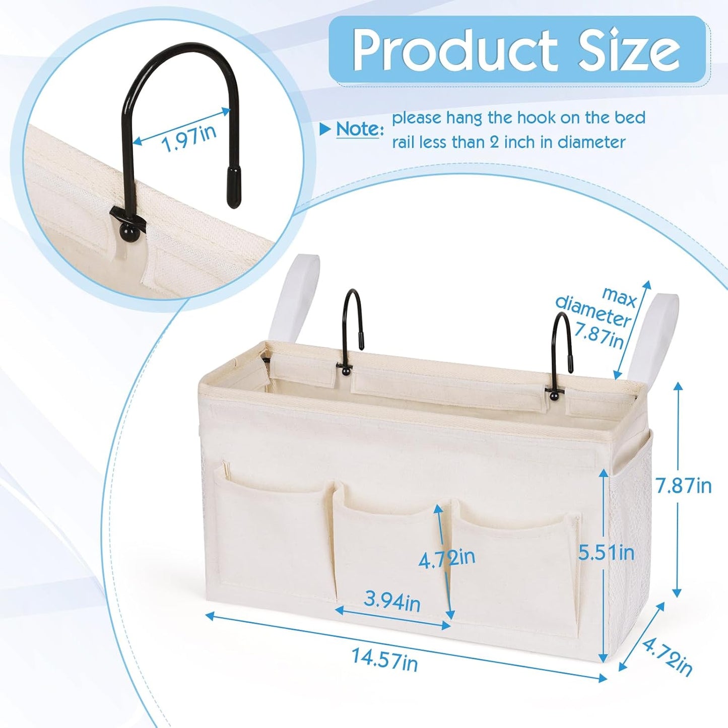 Bedside Storage Caddy/Bedside Hanging Storage Bag for Headboards Bunk Beds Dorm Rooms Book Phone Magazine Holder (New White)