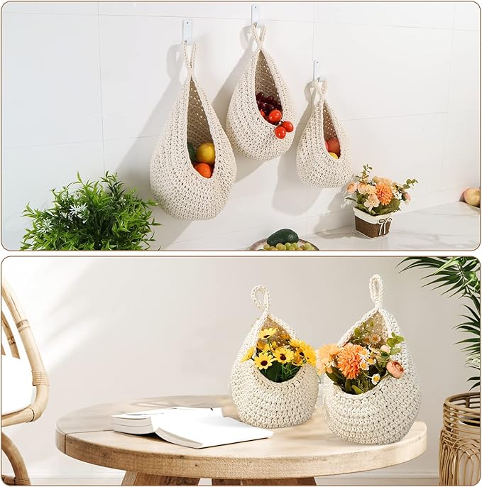 Hanging Fruit Baskets for Kitchen - 3 Pack Boho Wall Hanging Basket with 6 Pcs Strong Hooks, Handwoven Onion Storage Teardrop Home Onion Basket for Fruits Vegetable Potato Kitchen Storage (White)