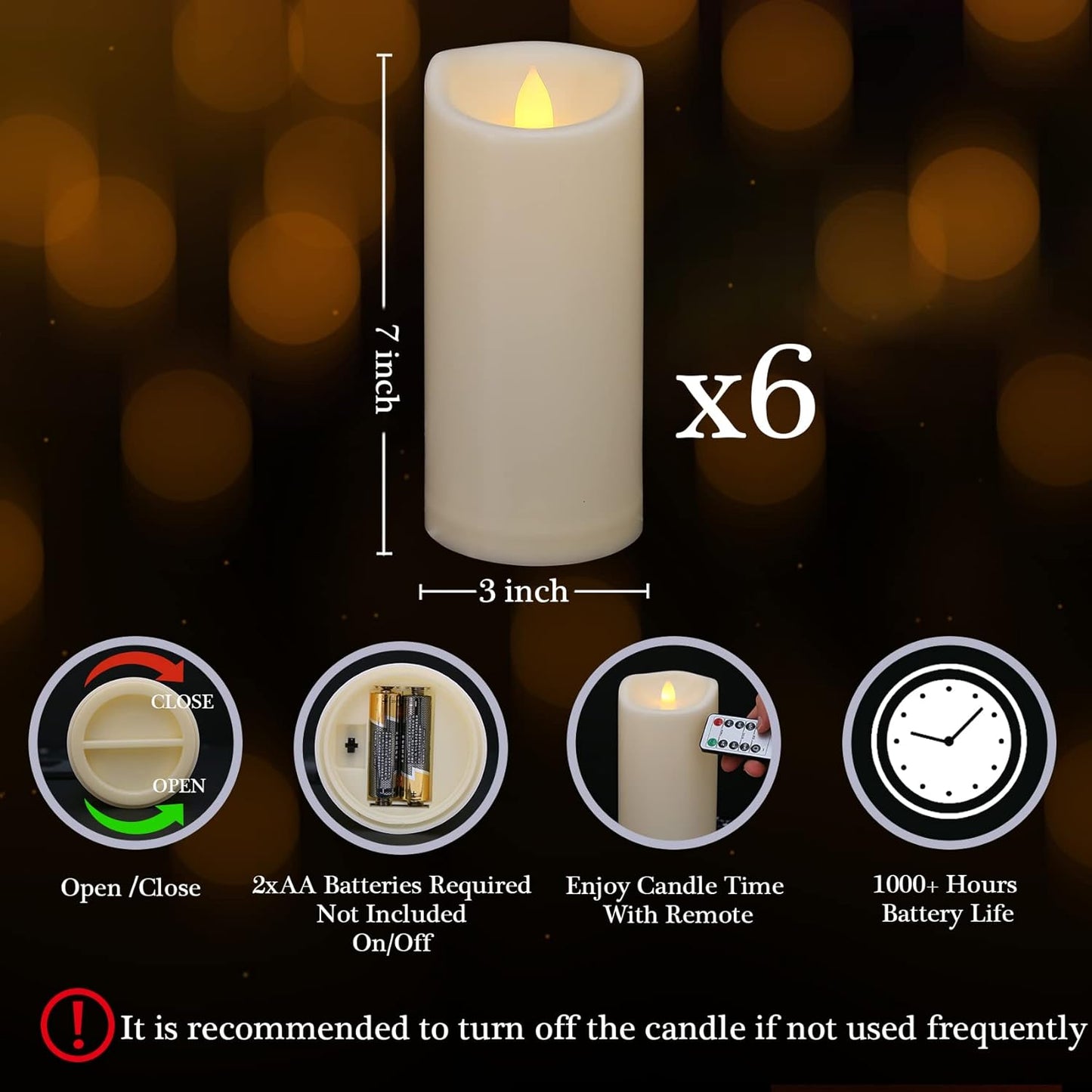 6 Pack 3"x7" Outdoor Waterproof Flameless Candles with Remote and Timer, Battery Operated Flickering LED Pillar Candles for Wedding Halloween Lantern Decoration, Ivory Plastic