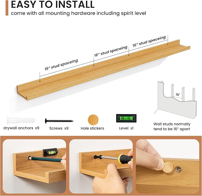 Fun Memories Picture Ledge Shelves Set of 2, 55 Inch Rustic Wall Mounted Floating Shelves with Lip for Home Storage and Décor in Bathroom, Kitchen, Nursery, Bedroom, Living Room, Oak