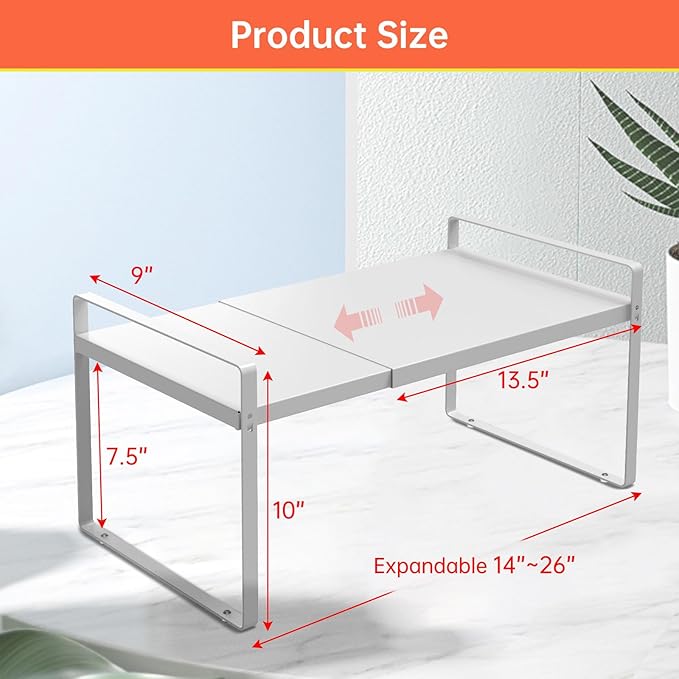 Expandable Cabinet Shelf Organizer Rack 9 inch, Pantry Organizer Lengthen from 14” to 25” ， Large Kitchen Cabinet Storage Shelf Rack， Storage Organizer white，Spice Rack Expandable Shelves,