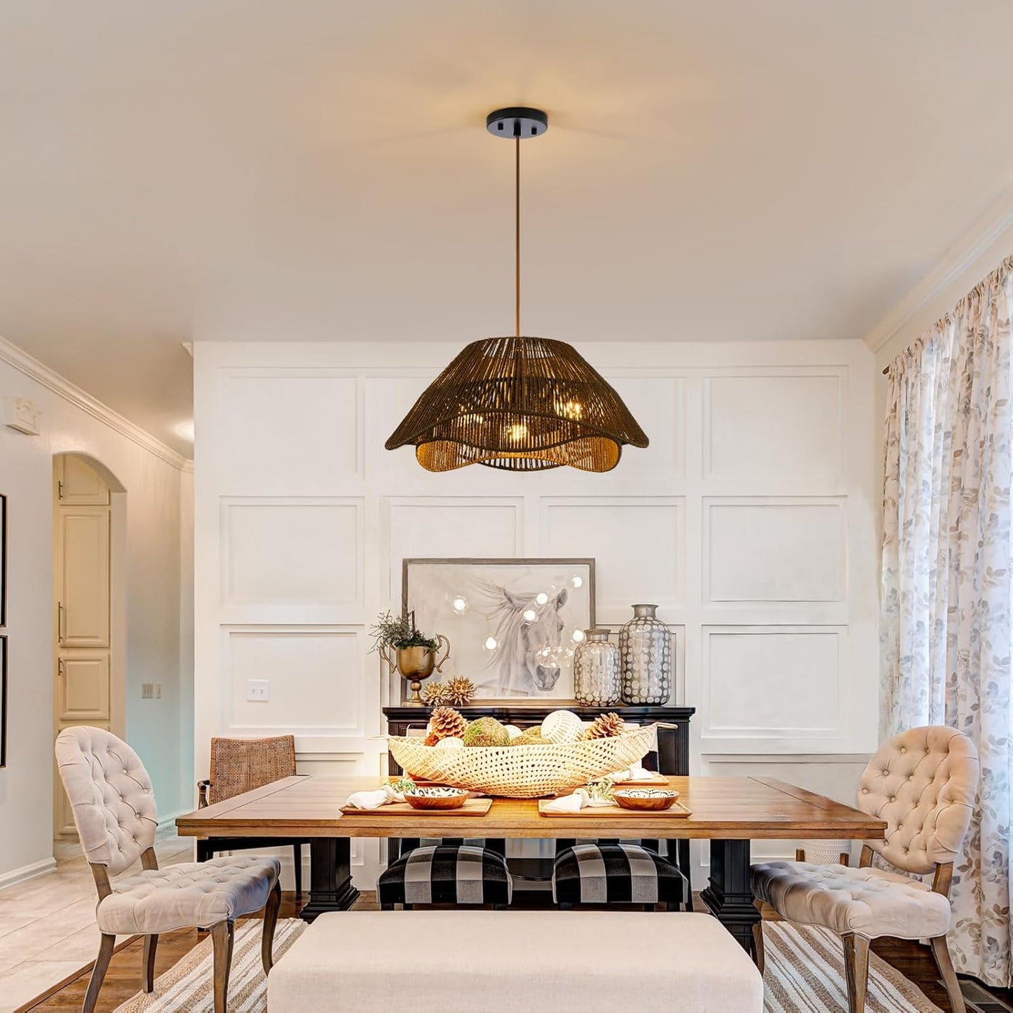 Rattan Pendant Light Fixture Ceiling, 19.68”Hand Woven Wicker Chandelier, Rustic 3-Light Large Hanging Lamp, Adjustable Boho Flush Mount Hanging Light for Dining Room Kitchen Living Room