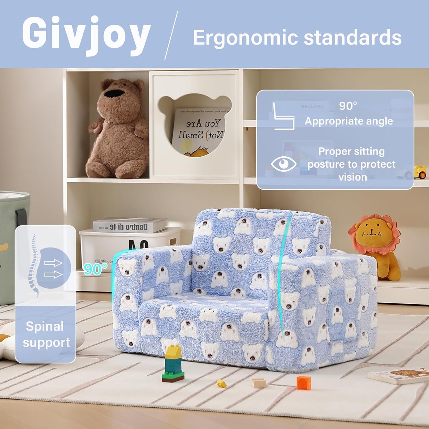 Toddler Chair Kids Couch, 2-in-1 Comfy Armchair with Removable and Washable Cover Carrying Handle, Convertible Reading Chair Toddler Couch for Girls and Boys