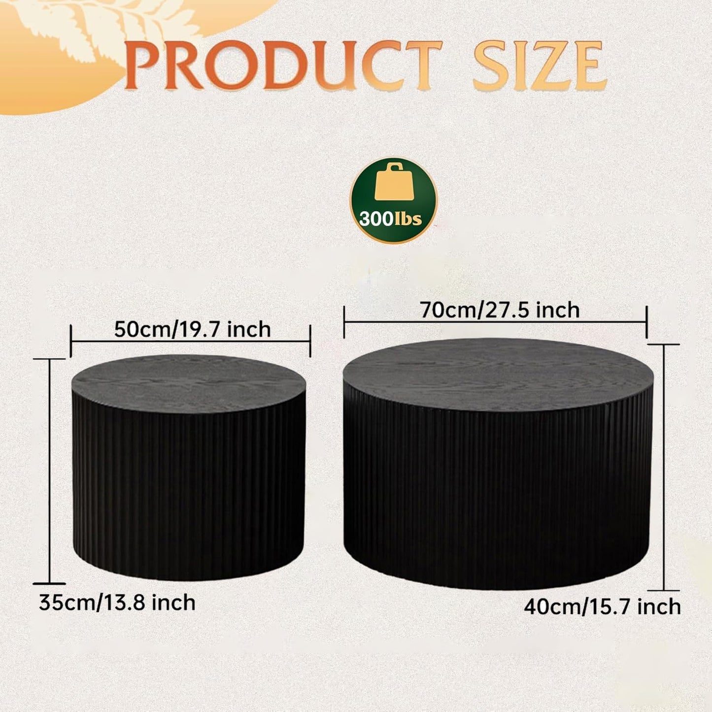 Round Nesting Coffee Table Modern Fluted Coffee Table Set of 2 Circle Drum Coffee Tables Small Round Accent Side End Table for Living Room No Assembly (Black A 27in)