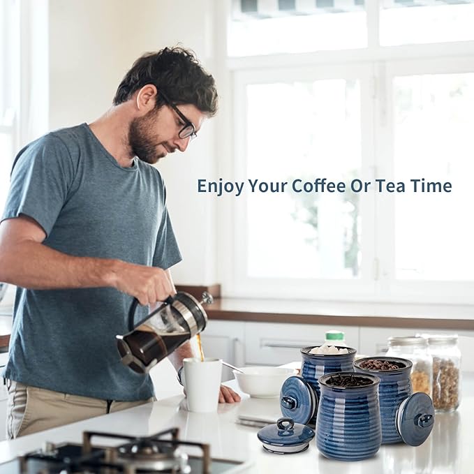 Hasense Kitchen Canisters Set with Airtight Lid for Countertop, 25 Ounce Ceramic Vintage Food Storage Jars Containers Set of 3 with Cover for Coffee, Sugar, Tea, Spice, Candy and Nut, Navy