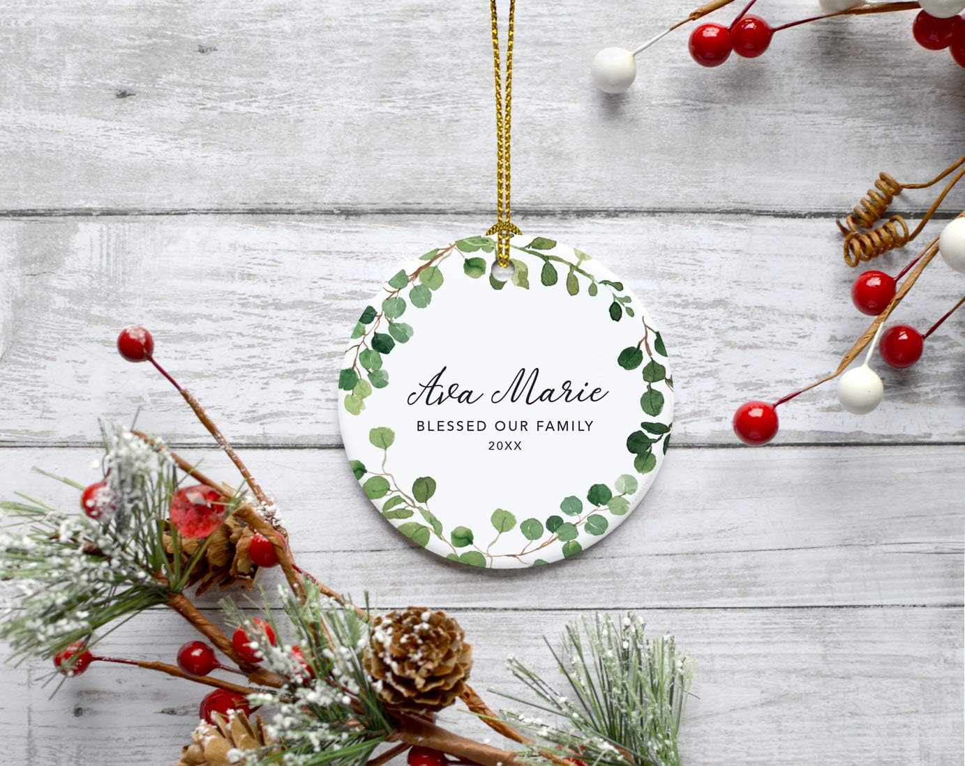 Andaz Press Personalized Round Ceramic Porcelain Christmas Ornament Keepsake Adoption New Baby Gift, A Blessing from God, Ava Marie Carter Adopted 2025, Farmhouse Eucalyptus Wreath, 1-Packs
