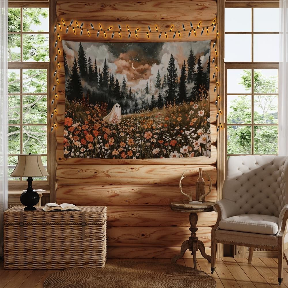 Spooky Fall Forest Art Halloween Tapestry Wall Hanging Cute and Funny Forest Flower Ghost Tapestry for Bedroom Whimsical Dark Academia Aesthetic Tapestries for Home Living Room Decor 30x40inch