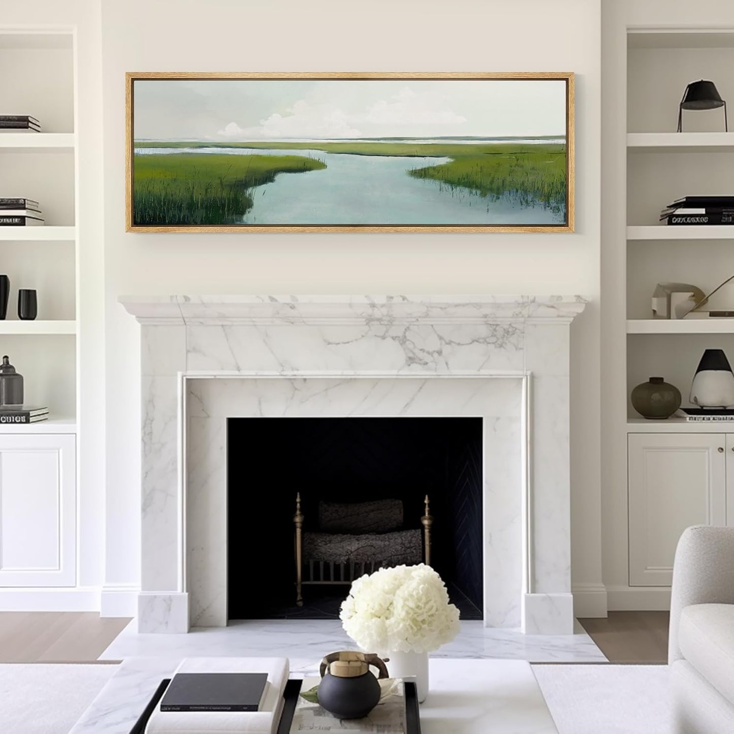 MUDECOR Large Framed Canvas Print Wall Art Serene Marshland Landscape Green and Blue Peaceful Illustrations Antique Retro Fine Art Illustrations Decorative Colorful for Bedroom - 60"x20"