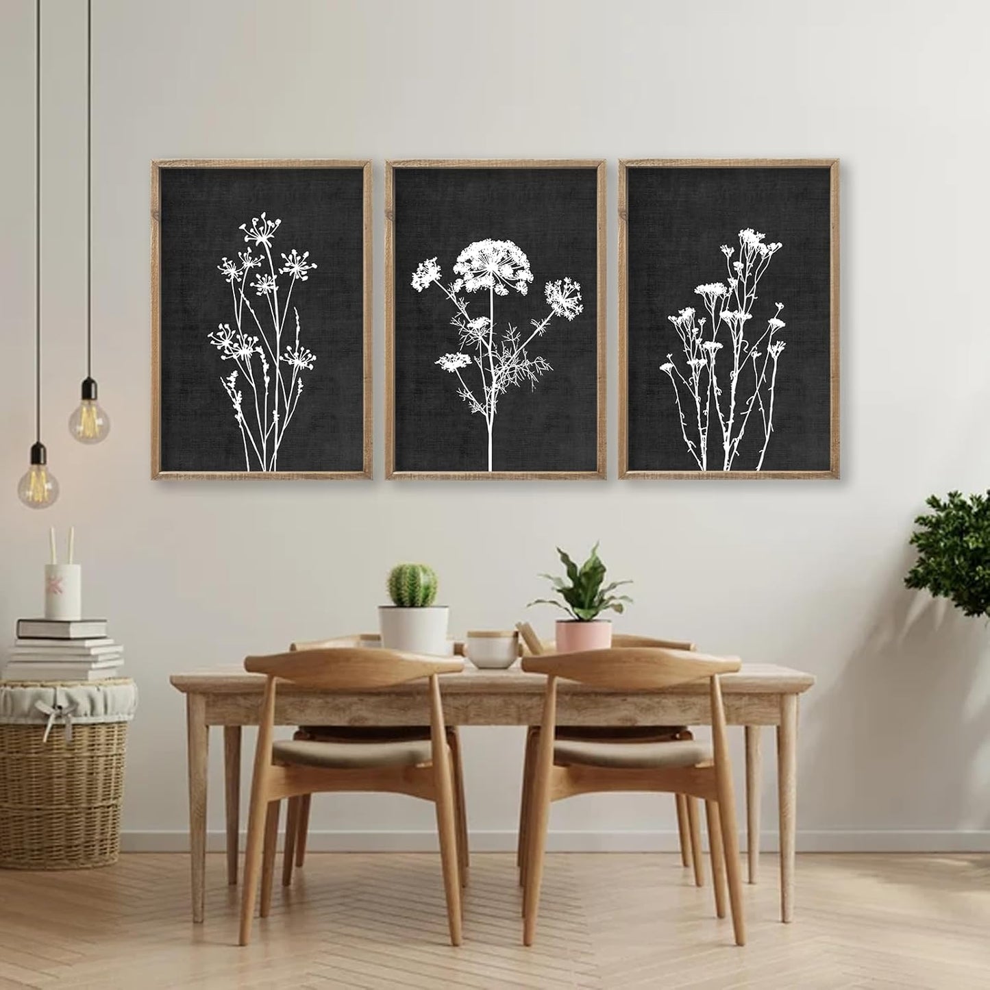 Flower Plant Wall Art Decor 16"x11" Set of 3 Black And White Botanical Painting Wood Framed For Minimalist Bedroom Office Rustic Living Room Abstract Wildflower Sign Hanging (Wood Black)