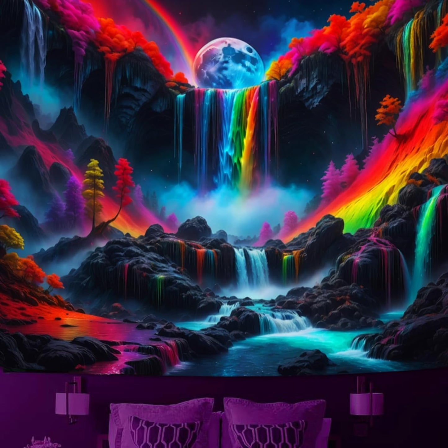 SparkLia Blacklight Waterfall Planet Tapestry, UV Reactive Glow in the Dark Fantasy Landscape Mountain Wave Neon Nature Wall Hanging Tapestries for Bedroom - 90 x 70 inches