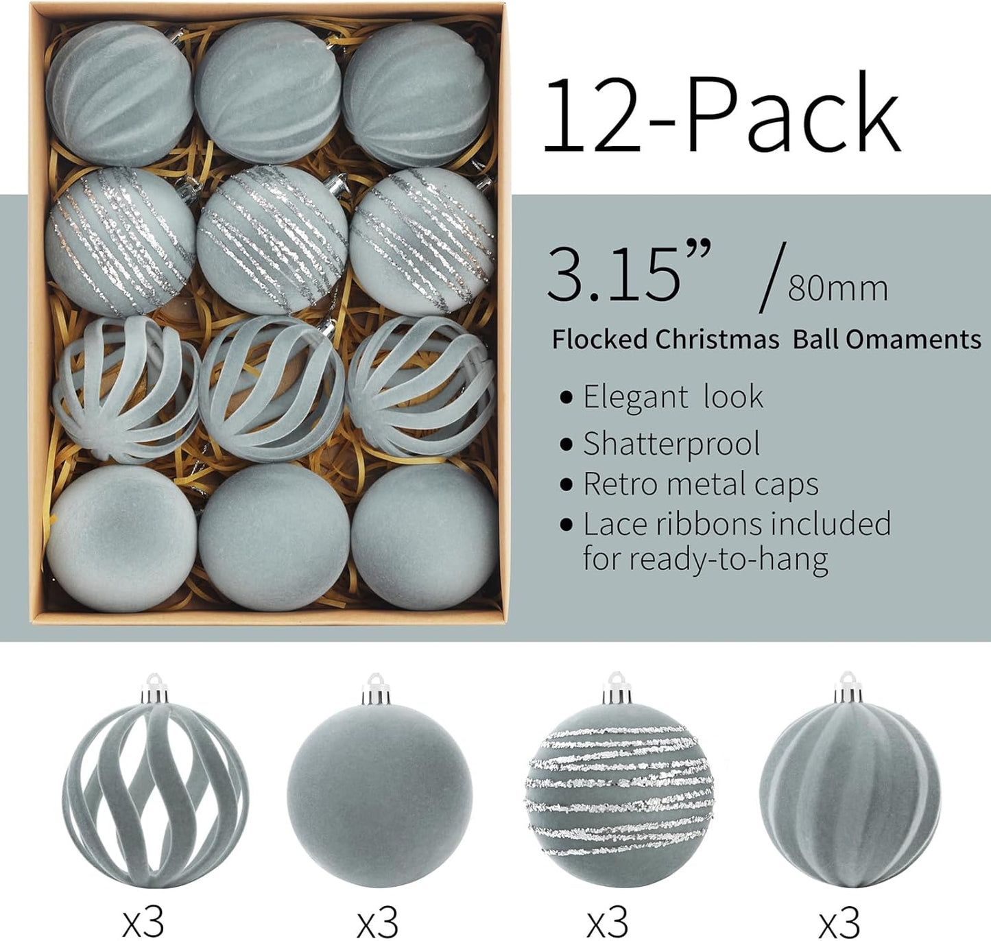 Christmas Ornaments Set of 12, 3.15" Flocked Velvet Balls with Hand Painted Designs, Dusty Blue Elegant Christmas Tree Decorations in Gift Box