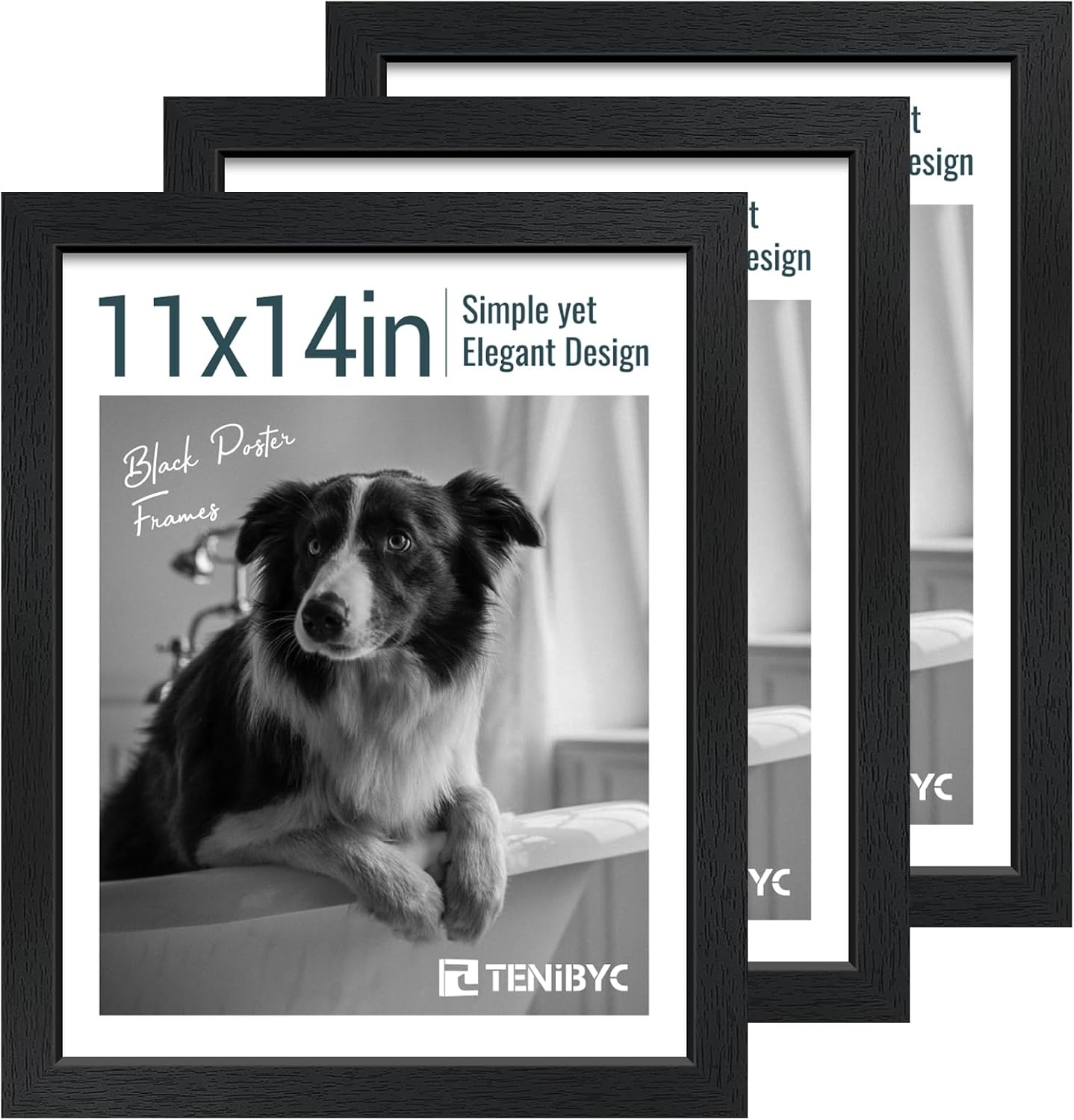 11x14 Picture Frame Set - 3 Pack, Textured Black Solid Wood, HD Tempered Glass, Wall Gallery Photo Frame