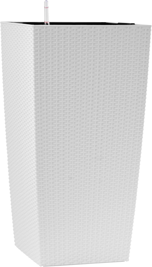 30in Tall Large Plant Pots Planter-Self-Watering Indoor/Outdoor Planting with Drain Holes, Water Level Monitor, Inner Bucket for Front Porch Patio, White Large