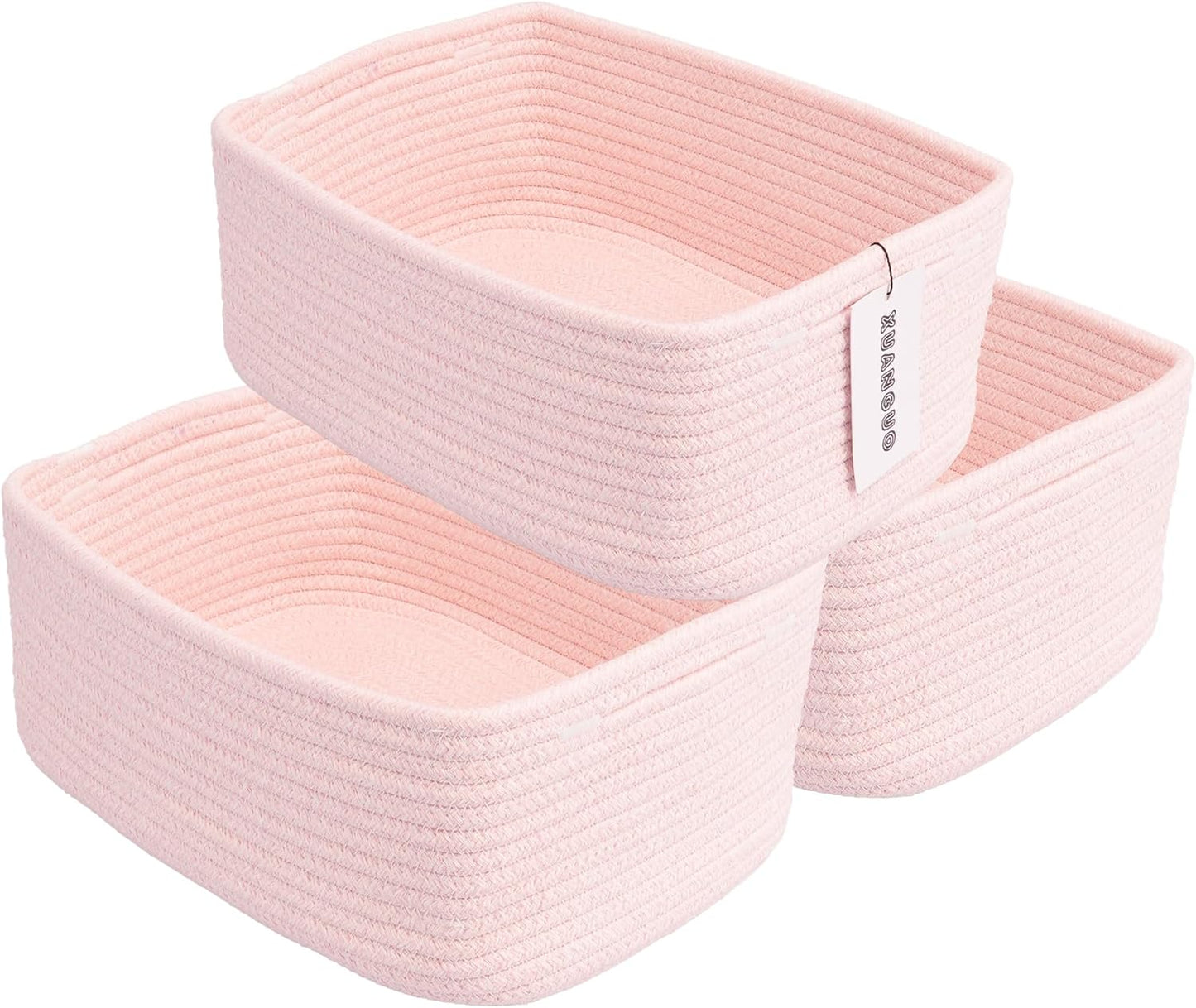 Small Woven Storage Baskets 13“X9”X5“ Decorative Rope Bins for Organizing Shelves, Closets, and Toys, Empty Gift Baskets, Cute Organizer Basket for Home and Office (pink, Large)