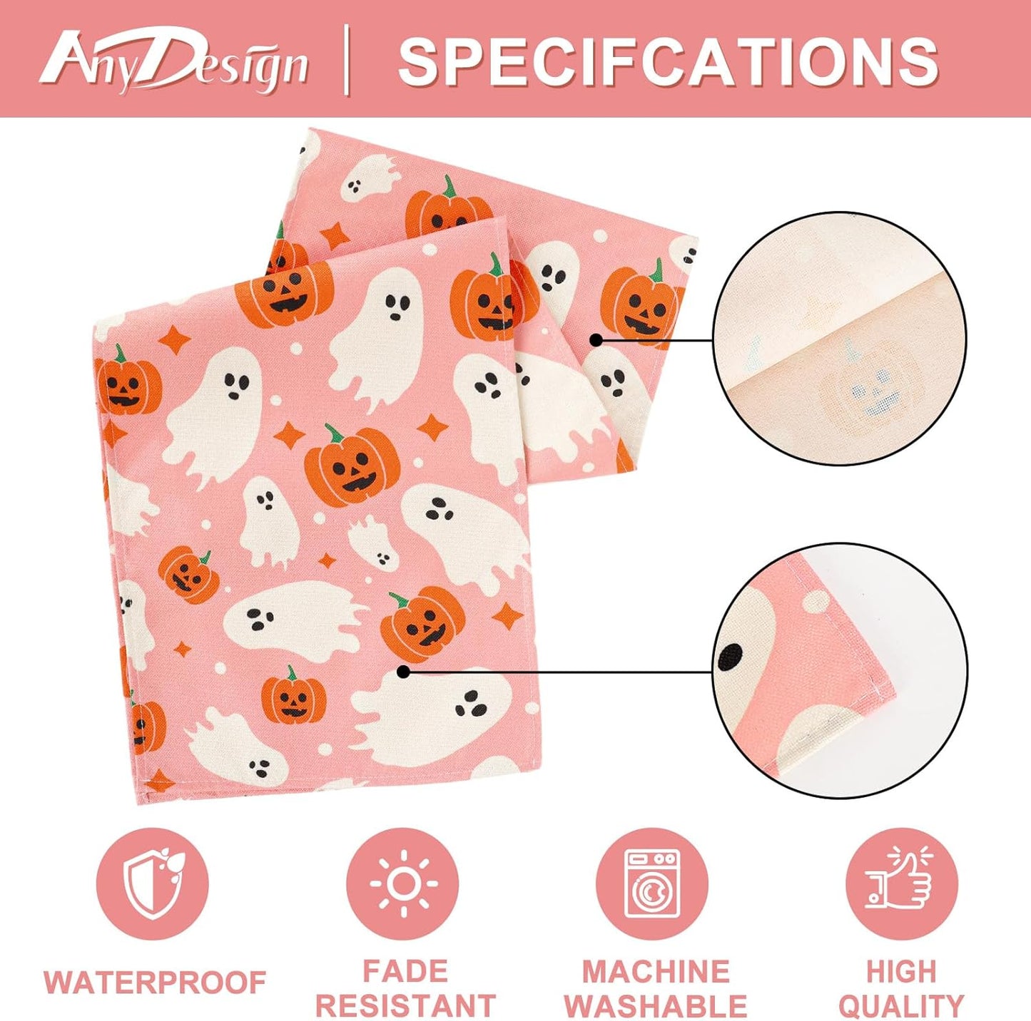 AnyDesign Pink Halloween Table Runner Cute Ghost Table Cover Spooky Halloween Kitchen Dining Table Decoration for Indoor Outdoor Home Party Supplies, 13 x 72 Inch