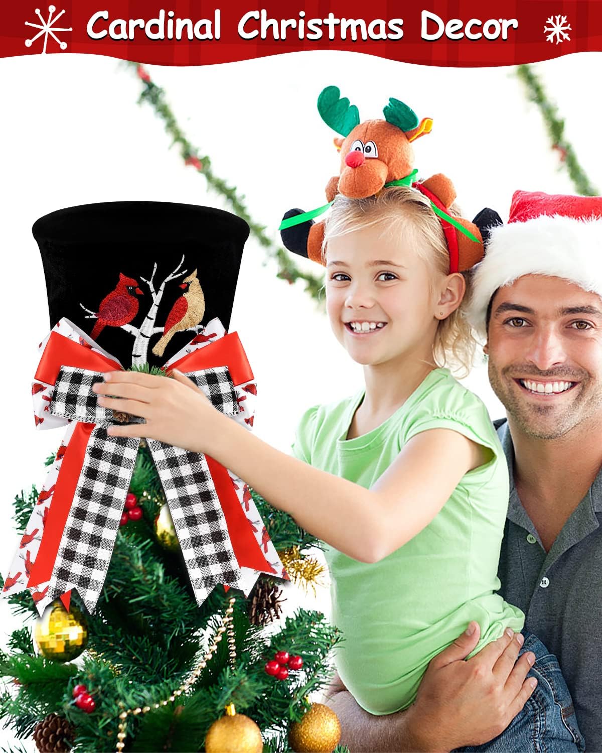 Cardinal Christmas Tree Topper Top Hat with Buffalo Plaid Check Bows Xmas Couple Cardinals on Tree Ornament Winter Holidays Home Decoration Memorial Sympathy Gift for Him Her