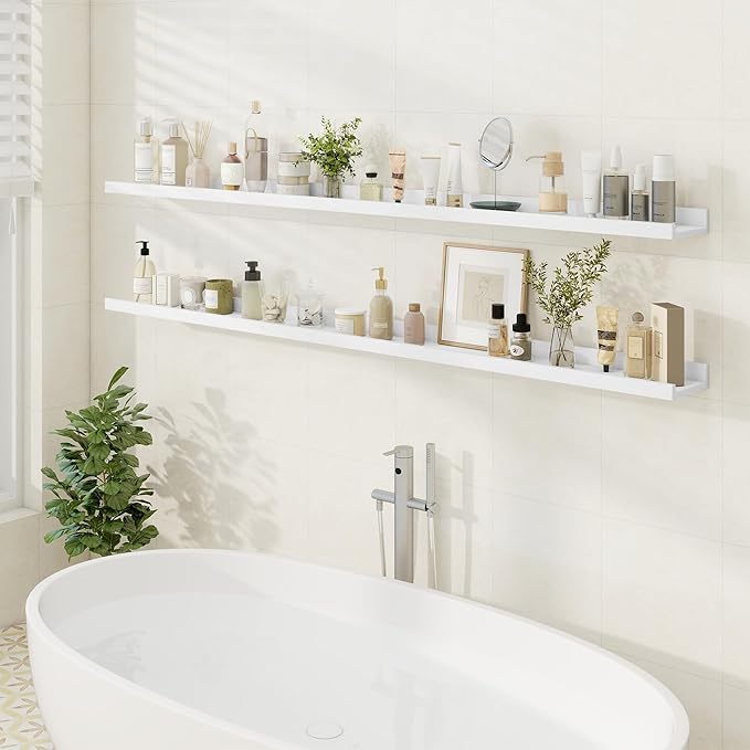 Floating Picture Ledge Shelves 72 Inch Solid Oak Wood Set of 2, Rustic Wall Storage Shelves with Lip, Kids Bookshelf, Photo & Picture Ledge Shelves for Bedroom, Living Room, Kitchen