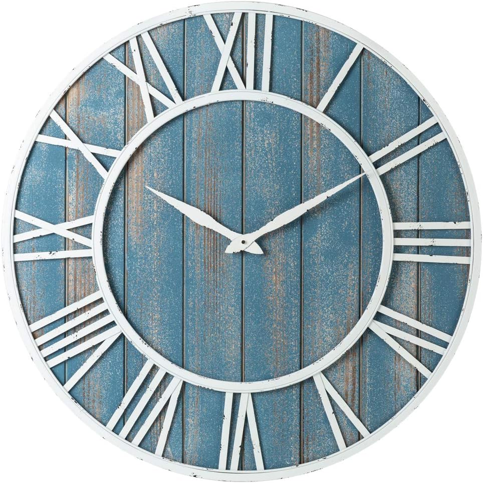 36" Coastal Wall Clock - Metal & Solid Wood Noiseless Weathered Beach Blue Wall Clock