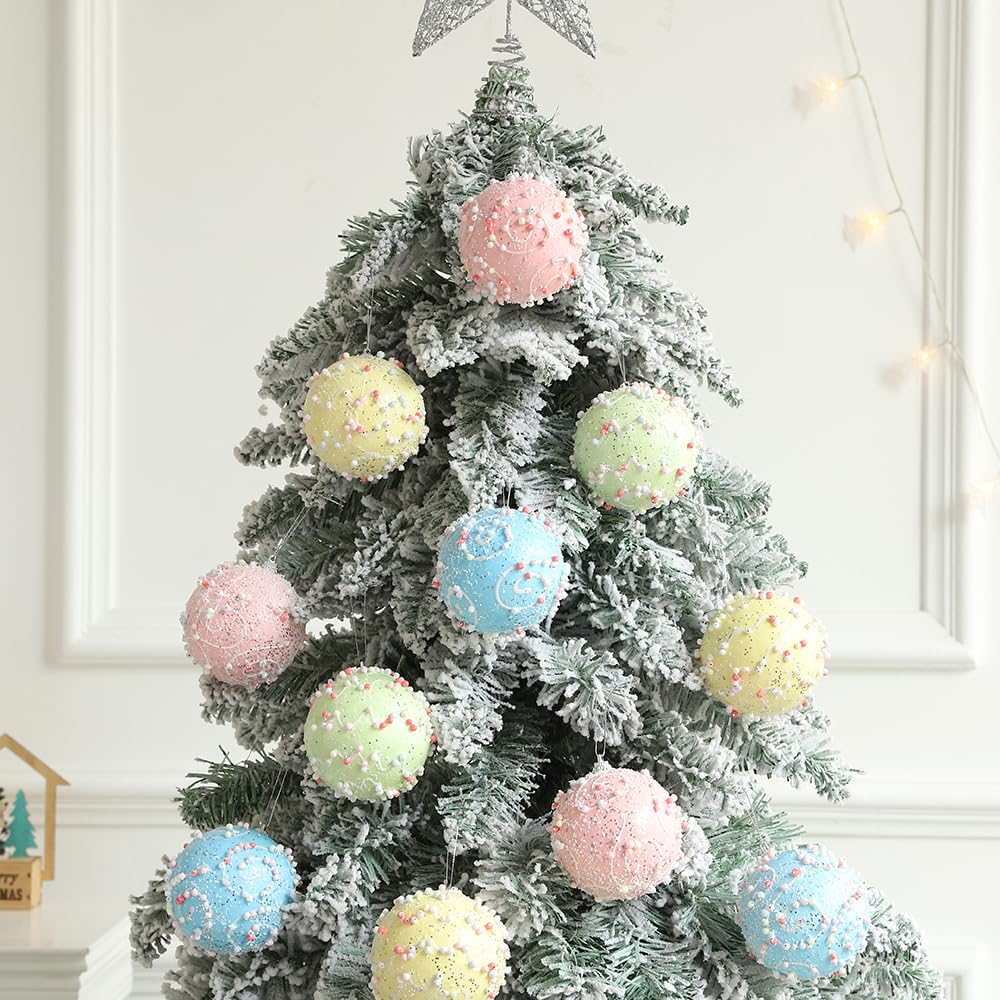 Christmas Tree Ball Ornament Set 12pcs 80mm/3.15inch Macaron Glittering Shatterproof Foam Hanging Christmas Ball Ornaments for for Xmas New Year Birthday Home Party Supplies (Round)