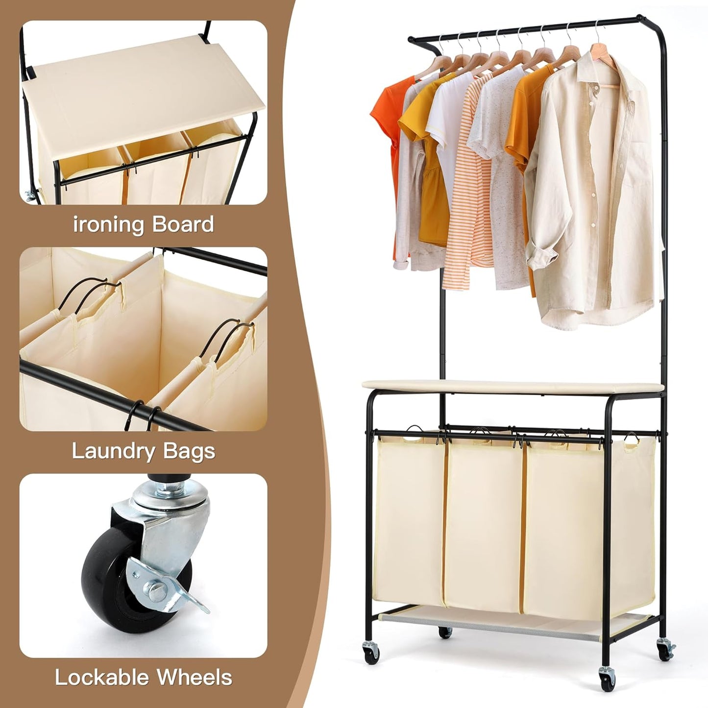 MYOYAY 3 Section Laundry Sorter with Garment Hanging Bar Rack Foldable Ironing Board, Laundry Basket Organizer Heavy Duty Laundry Hamper Rolling Cart with Lockable Wheels and 3 Removable Bags