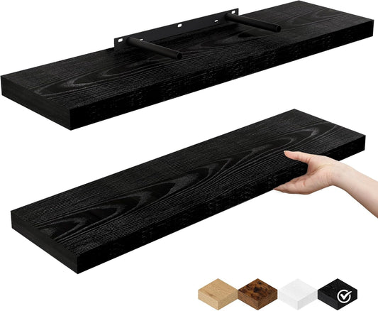 Fun Memories Floating Shelves for Wall, 24" Rustic Wood Deep Wall Mounted Shelves with Invisible Brackets for Decor & Storage, Floating Shelf for Living Room, Bathroom (Black, Set of 2)