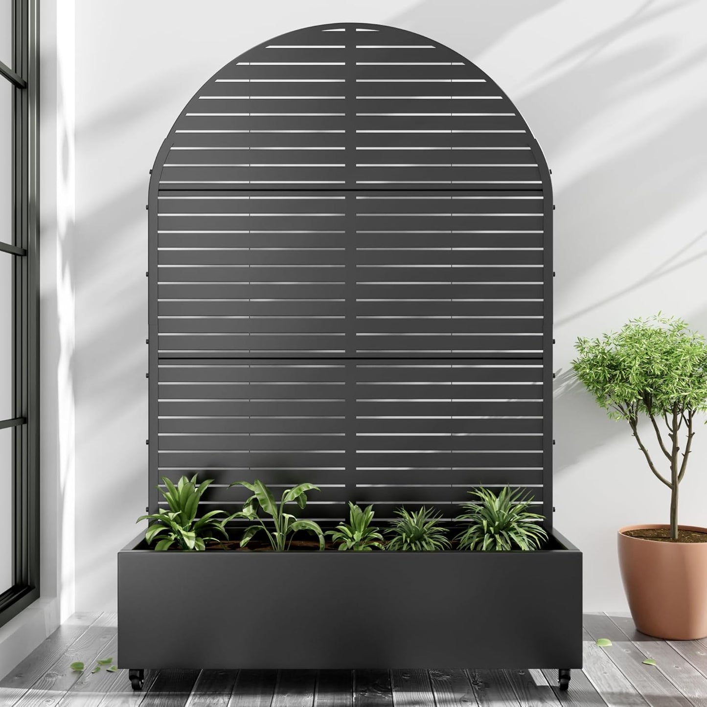 Casaphoria Metal Raised Garden Bed with Trellis and Wheels, 72"x35"x16" Arched Planter Box for Climbing Plants, Vegetables & Vines, Features Drainage Holes and Privacy Screen (Black-Louvered)