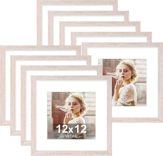 Vittanly 12x12 Picture Frames Set of 9, Shatter Resistant Plexiglass, Display 8x8 Pictures with Mat or 12x12 without Mat, Photo Frames for Wall Mount, Engineered Wood, Rustic Pink