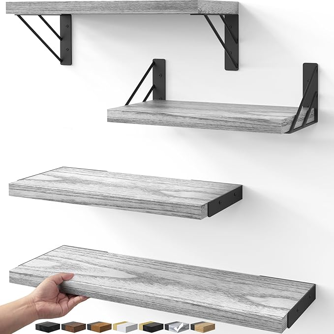 BAYKA Wall Shelves for Bedroom Decor, Floating Wall Shelves for Living Room Kitchen Storage, Wall Mounted Rustic Wood Floating Shelves for Kids Books, Corner Shelf for Bathroom(Gray White，Set of 4)