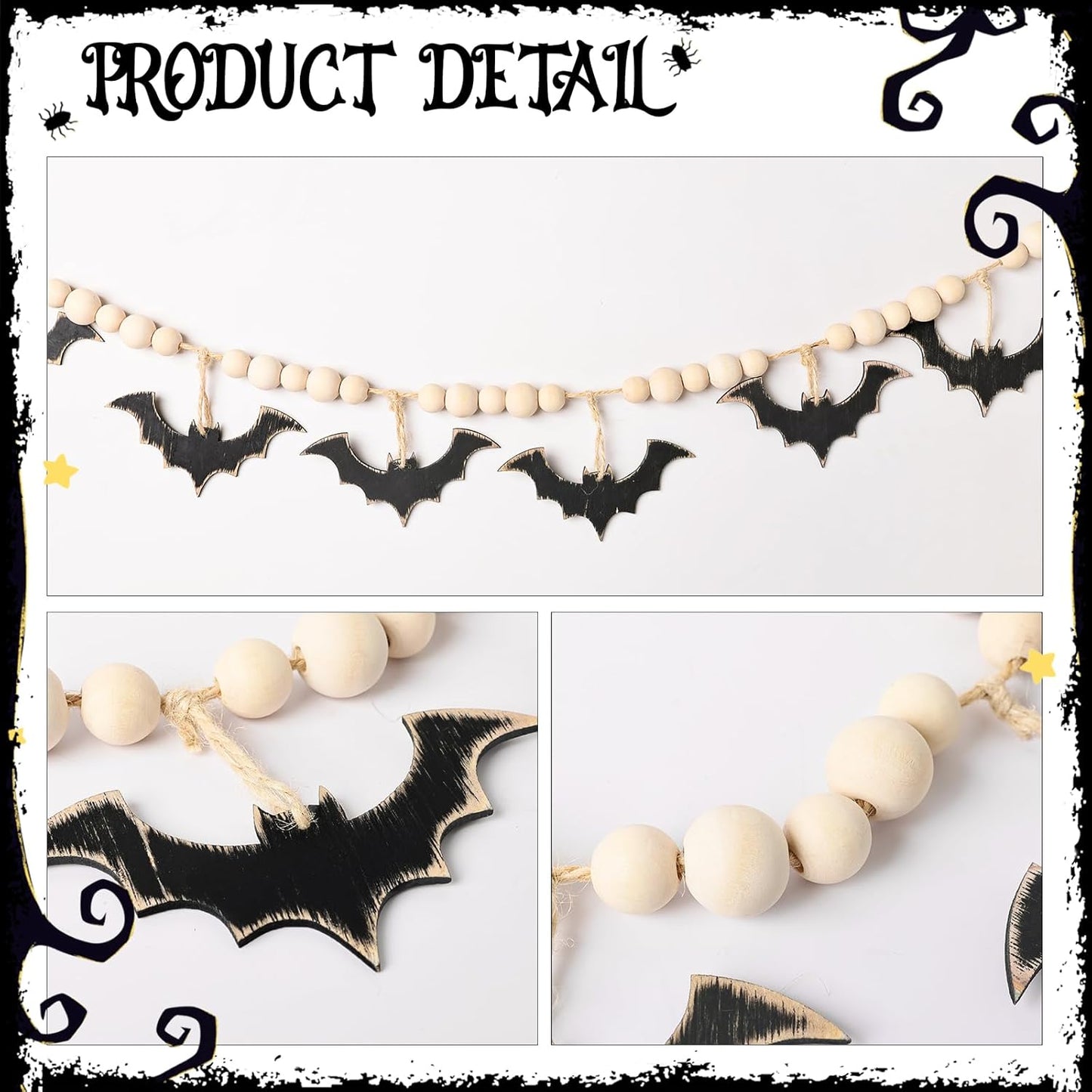 Halloween Garland, Farmhouse Wood Bats and Bead Garland for Halloween Decorations, Bat Banner for Wall Home Indoor Outdoor Black Halloween Decor Supplies