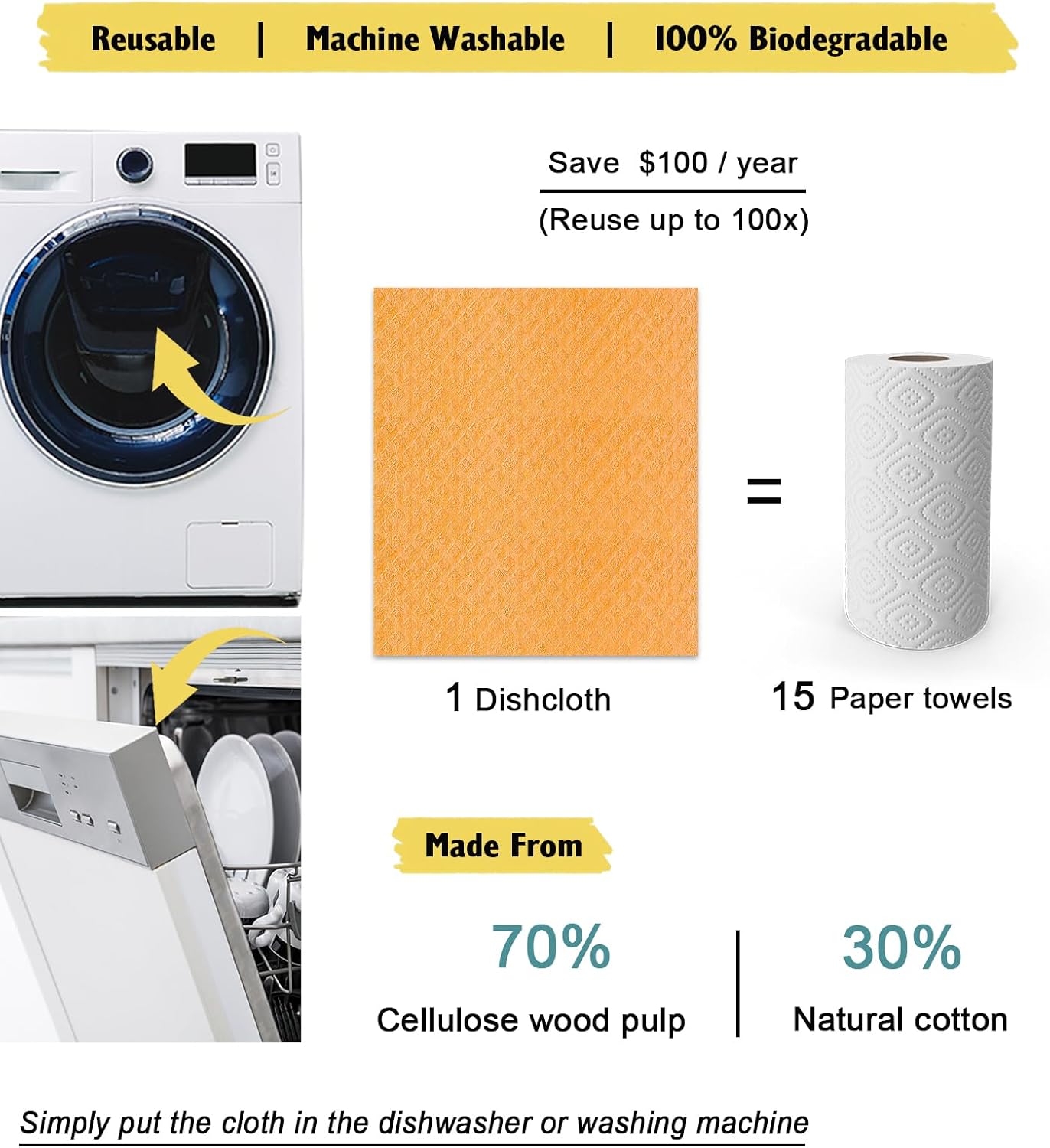 Swedish Dishcloths for Kitchen | 6 Pack Absorbent Cellulose Sponge Cloths Washable | Non-Scratch Reusable Paper Towels Quick Drying Cleaning Cloths - Orange