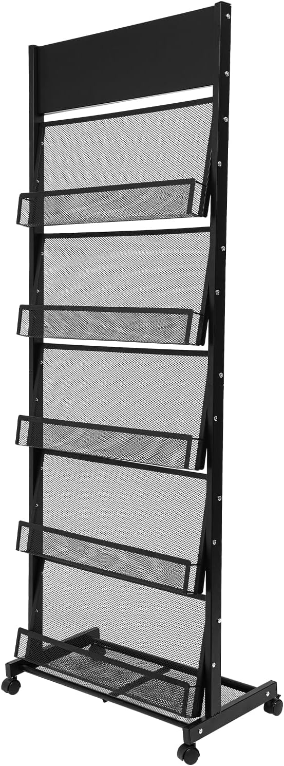 5-Tier Magazine Rack Floor Standing Brochure Display Stand with Universal Wheels & Brakes Metal Magazine Display Rack for Office, Shop