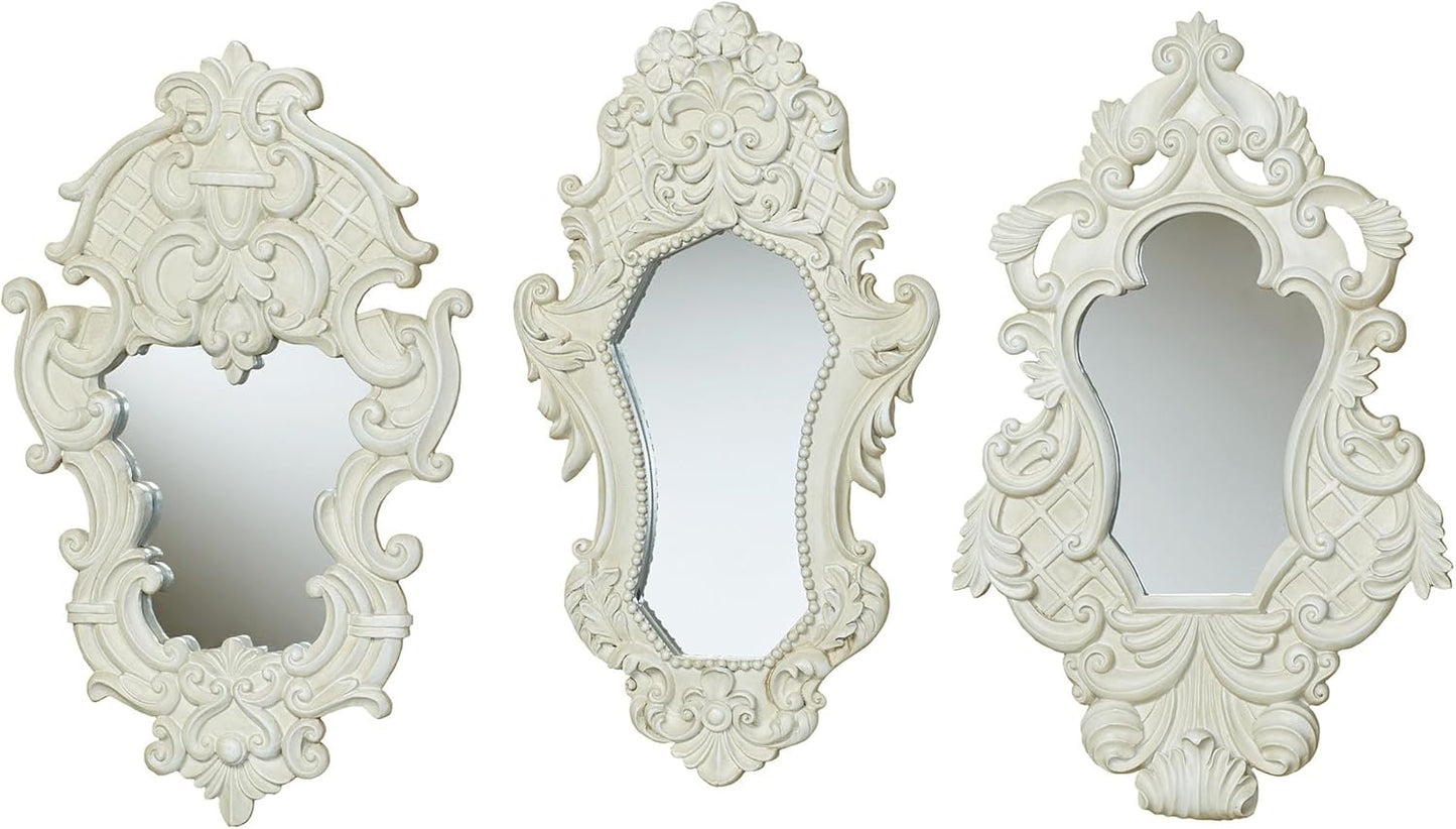 Lattice Scroll Antique White Traditional Classic Wall Mirrors | Set of Three | Vintage Accent Hanging Mirror for Bedroom, Living Room, Office, Hallway | Victorian Style Decor