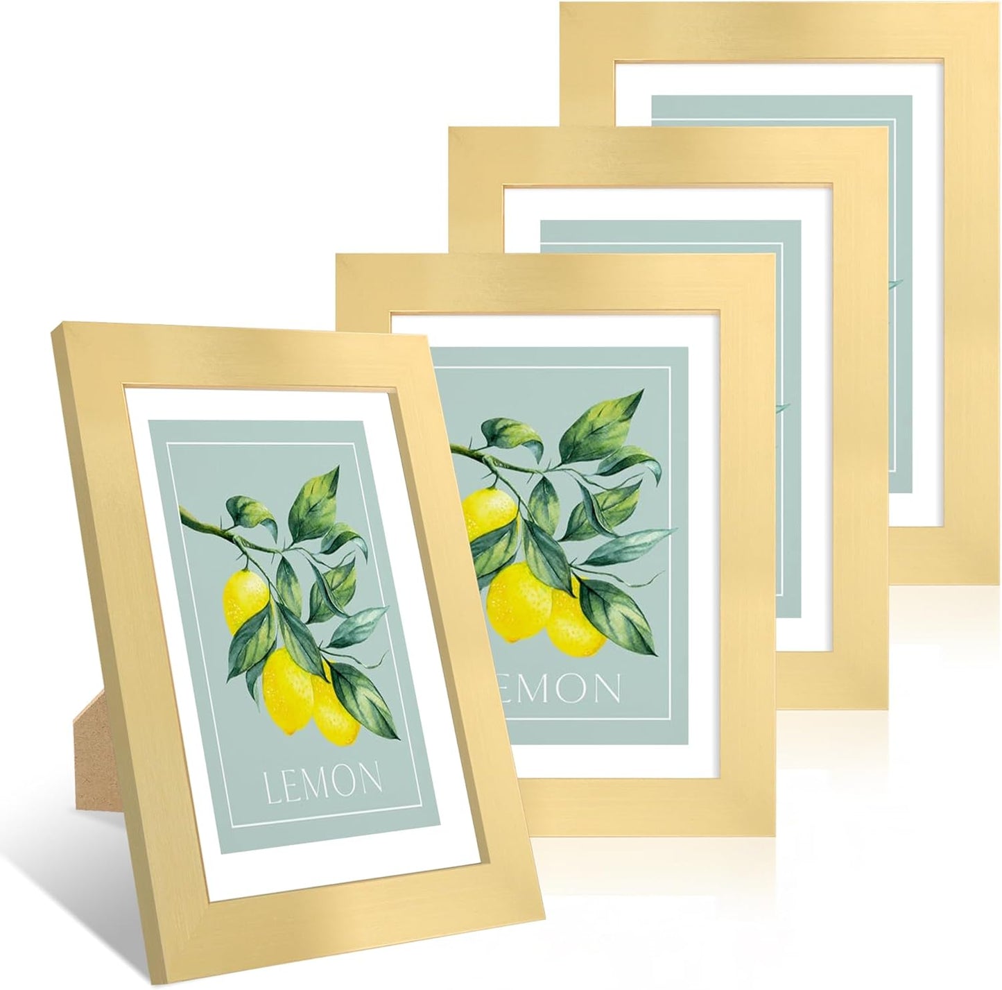 5x7 Picture Frame Set of 4, 5 x 7 Wood Photo Frames with Mat for 4x6, Wooden Frame with Real Glass Cover for Wall and Tabletop Display,Gold