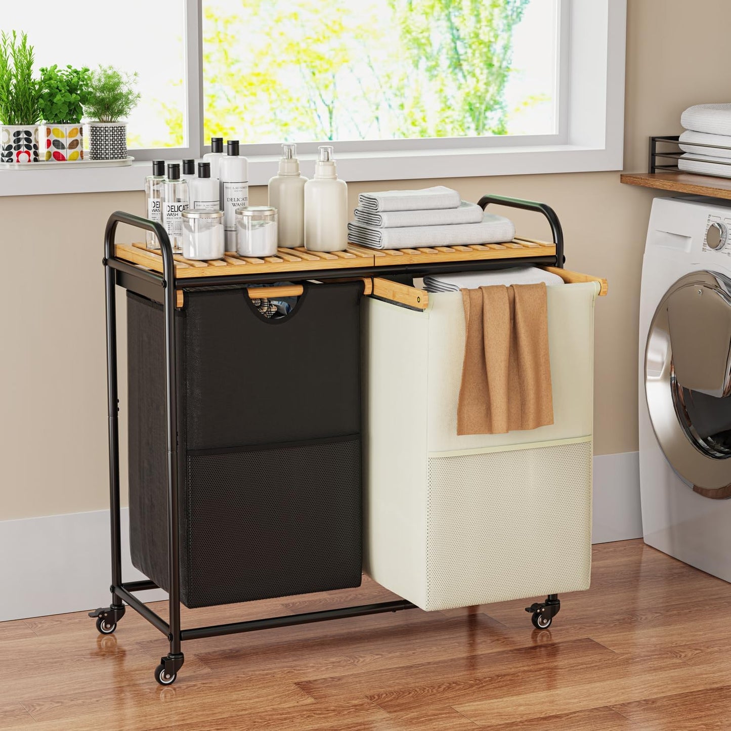 Laundry Hampers 2 Section, Laundry Sorter with Removable Shelf and Pull-Out Bags, Clothes Hampers with Wheels Rolling Cart Basket for Laundry Room Bathroom, 2 x 50 L (Black White)