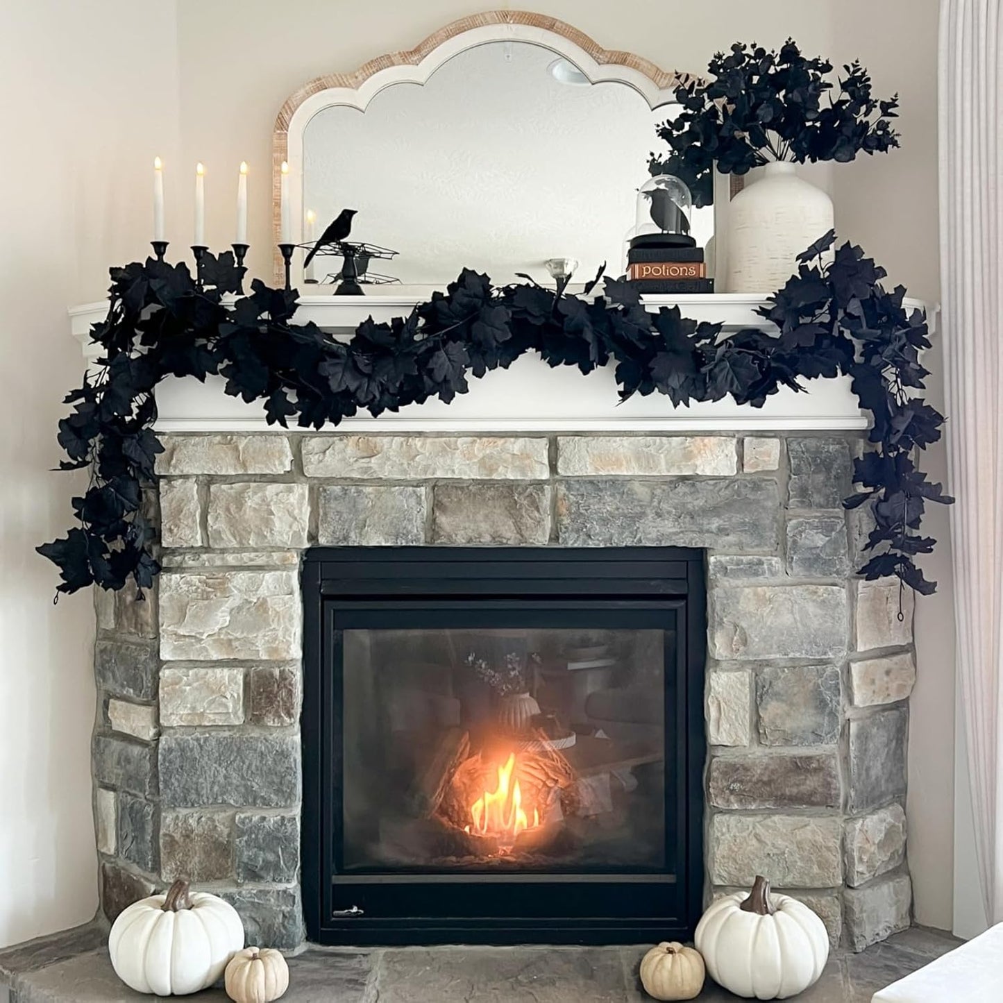 CQURE 7 Pack Black Fall Leaf Garland, Total 41.3Ft Halloween Garland Hanging Vines Artificial Fall Maple Leaves Thanksgiving Decor for Home Wedding Fireplace Christmas
