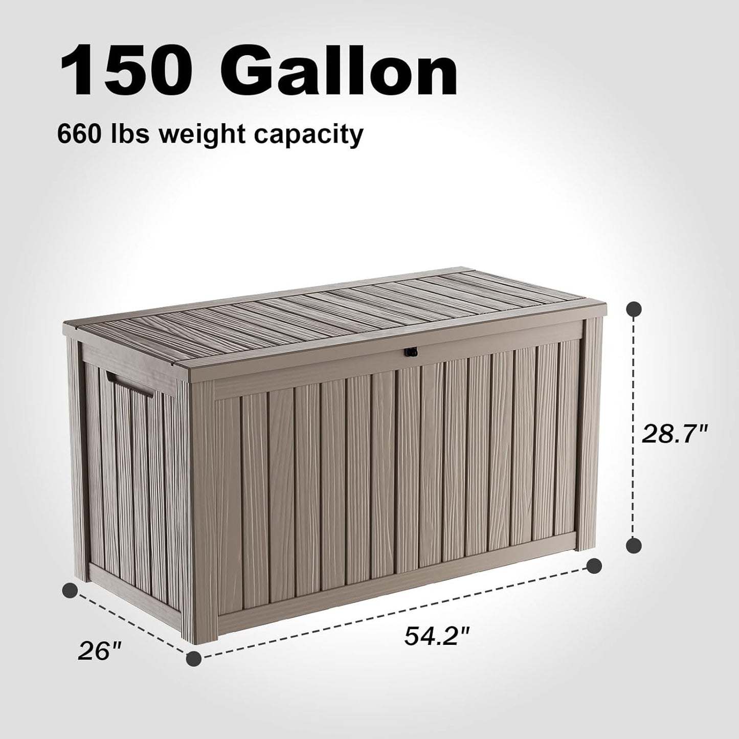 Vixzen 150 Gallon Resin Deck Box, Lockable Outdoor Storage Box for Patio Cushions Storage Furniture,Garden Tools, Pool Supplies, Weatherproof and UV Resistant- Light Brown