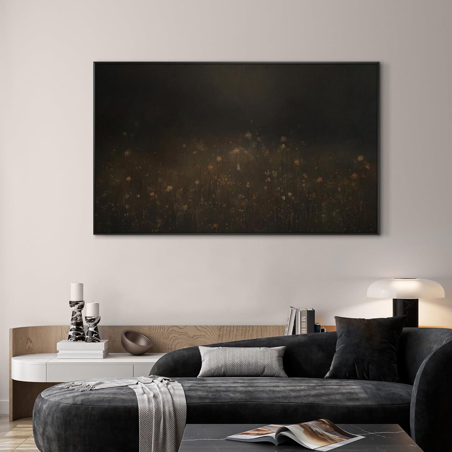 SIGNWIN 36"x60" Extra Large Framed Wall Art Dark Floral Meadow Moody Wildflower Field in Deep Earthy Tones Illustration for Home Living Room Bedroom Decor (Frame Assembly Required)