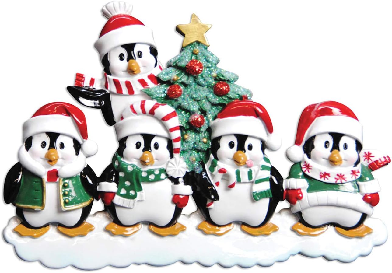 3D Penguin Family of 5 Ornament 2025 Personalized Family Christmas Ornaments 2025 | Snowy Xmas Tree Holiday Penguins Personalized Tree Ornaments for Grandchildren Siblings & Grandkids of Five Ornament