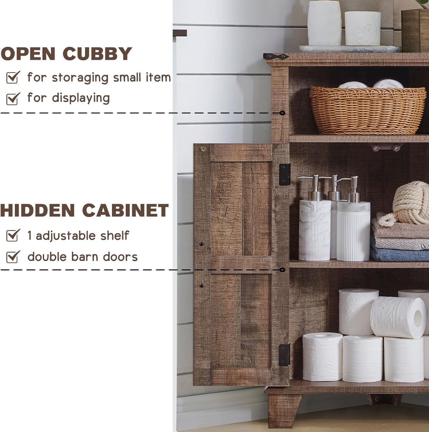Corner Bathroom Cabinet, Farmhouse Small Corner Cabinet with Barn Door & Adjustable Shelf, Storage Cabinets for Bathroom, Kitchen, Living Room, Rustic Brown