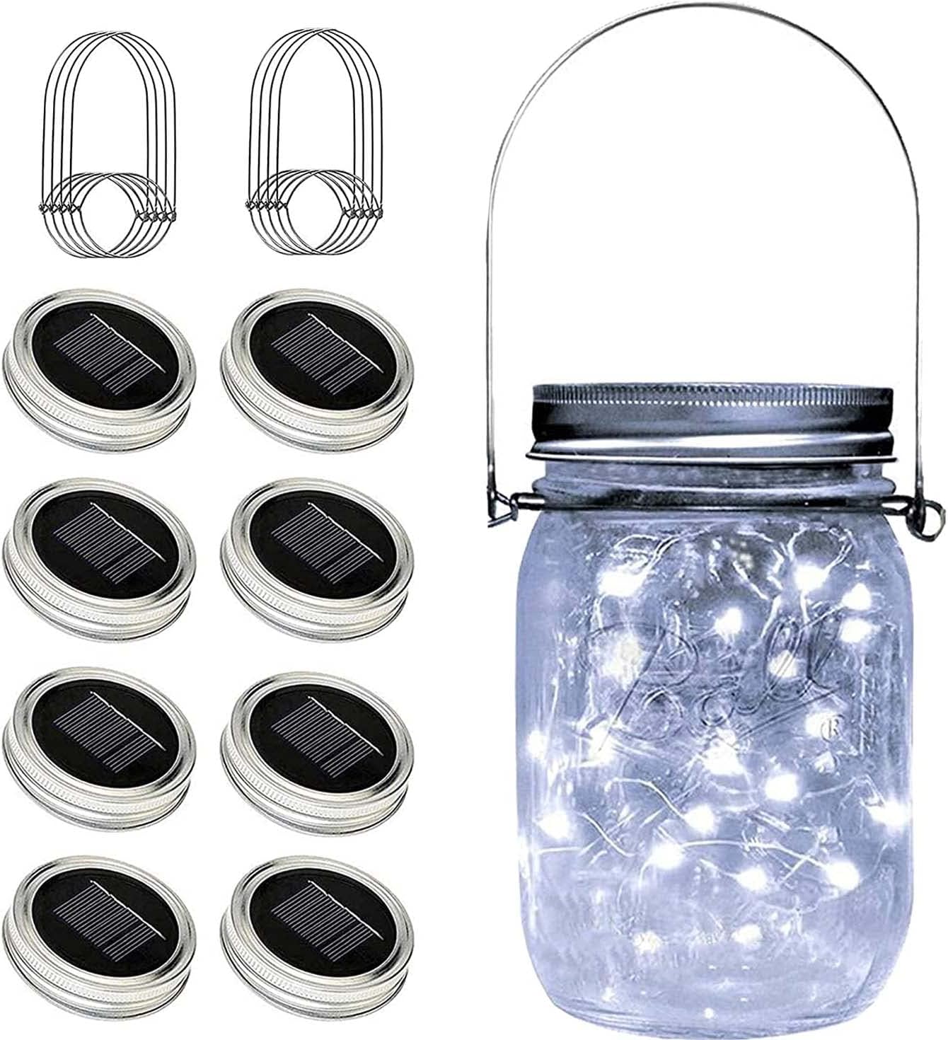 8 Pack Fairy Star Firefly Jar Lids Lights,Solar Fairy String Lids Lights（No Jars）,Waterproof Lantern Mason String Solar Lights with Hangers for Regular Mouth Jars Christmas Gifts(Cold White)