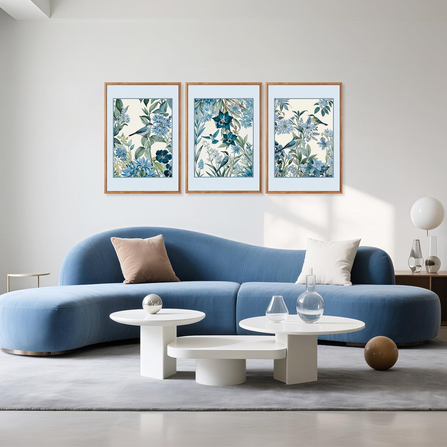 Aurlan Vintage Blue Birds and Botanical Framed Wall Art(24"x36"), 3PCS Classic Chinoiserie Audubon Bird Canvas Artwork, Large Abstract Watercolor Flowers Floral Home Decor for Bedroom Living Room