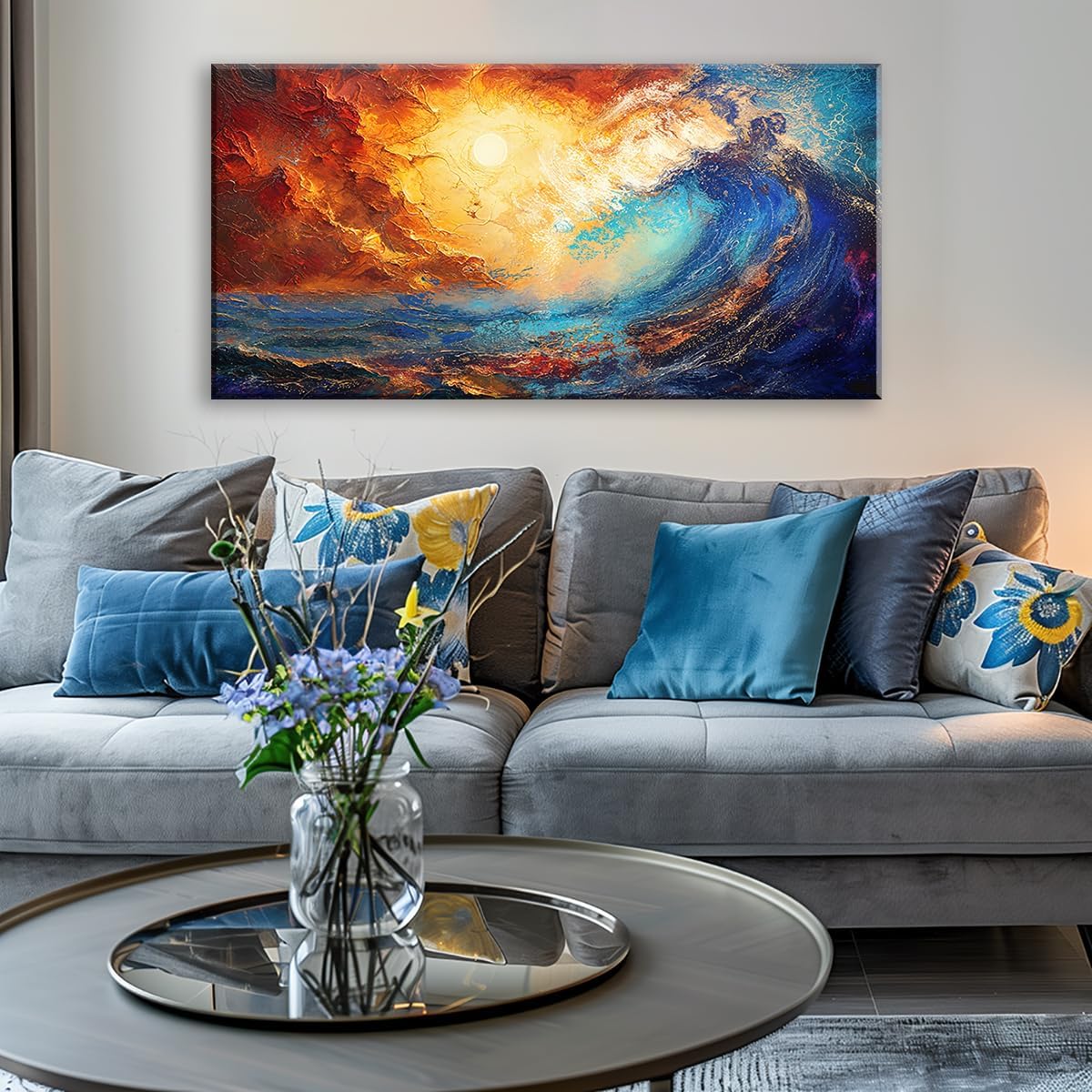 LASMOND Abstract Ocean Wall Art for Living Room Beautiful Blue Sea Wave Seawater Colorful Sky Landscape Wall Art Decor Artwork Bedroom Office (40 x 20 Inches)