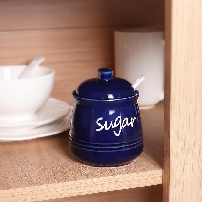 HAOTOP 12oz Sugar Bowl with Lid and Spoon,Ceramic Sugar Jar Sugar Dispenser Sugar Container Coffee Bar Accessories, Kitchen Countertop Canisters, Navy