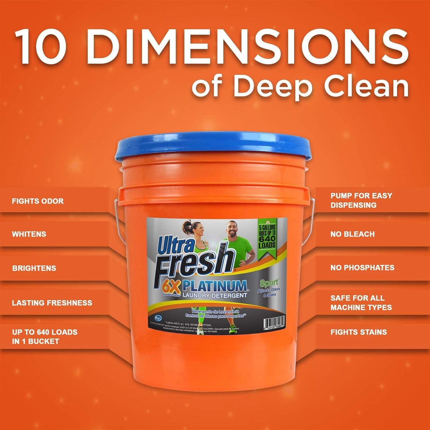 Ultra Fresh 5 Gallon Liquid Laundry Detergent Washing Soap for All Machine Types, 6X Platinum, Up to 640 Loads, Sport Odor & Stain Remover